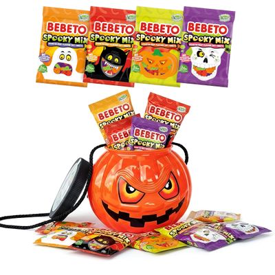 Bebeto Halloween Spooky Mix Pumpkin Tub - Individually Wrapped Fun Size Fruity Halloween Snacks - Assorted Gummy Candy Mix - Spooky Themed Gummies by Kervan - Vegan - No Artificial Colors or Flavors - 20 Pouches (10.6 oz)