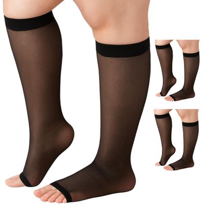 Absolute Support Women's Sheer Open Toe Knee High Graduated Compression Socks 20-30 mmHg for Swelling, Varicose Veins, Pregnancy & All-Day Wear, 3 Pack, Black, Large