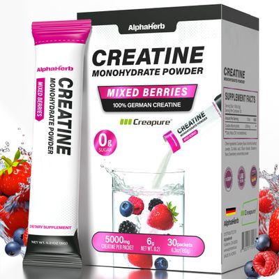 AlphaHerb Creatine Monohydrate Stick Packs 5g Micronized German Creapure Creatine Powder, Sugar Free, Lean Muscle & Recovery, NSF Certified for Sport, Travel Size, 3 Flavors (30 Sticks)