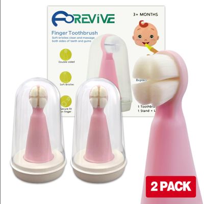 FOREVIVE Baby Finger Toothbrush for Infants and Toddlers 0 to 3 Years Soft Silicone Teething Brush with Tongue Cleaner | Gentle Gum Massager for Newborns, Babies & Young Kids | Pack of 2
