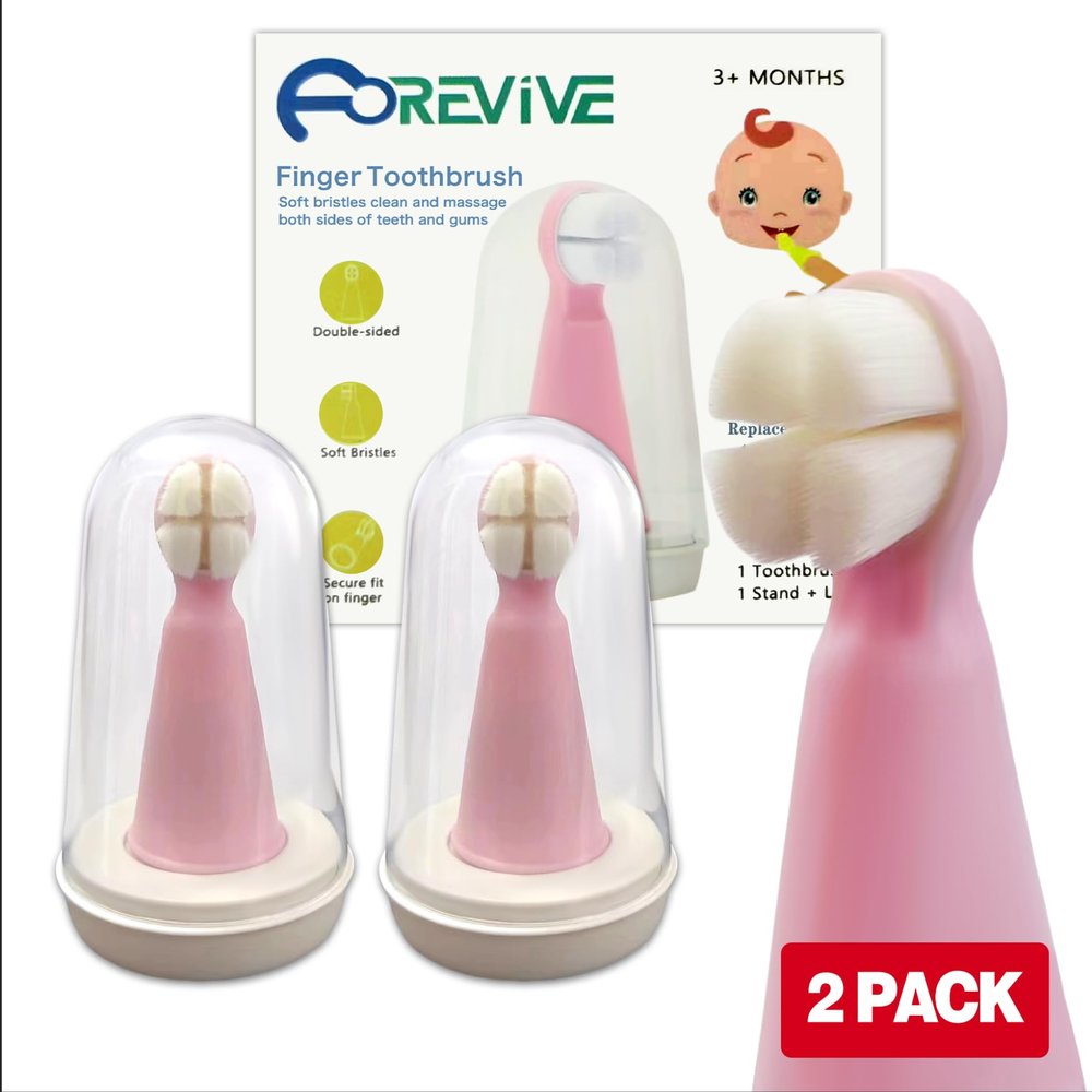 FOREVIVE Baby Finger Toothbrush for Infants and Toddlers 0 to 3 Years Soft Silicone Teething Brush with Tongue Cleaner | Gentle Gum Massager for Newborns, Babies & Young Kids | Pack of 2
