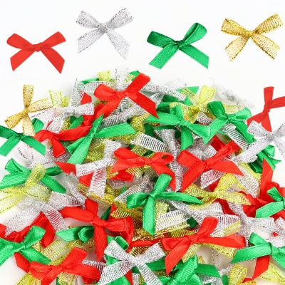 100Pcs 1Inch Mini Ribbon Christmas Bows for Crafts Gift Wrapping, Small Tiny Premade Bow Decor for Women Hair Clip Party Gift Bags Cake Stocking, Ribbon Bow for Valentine New Year Thanksgiving