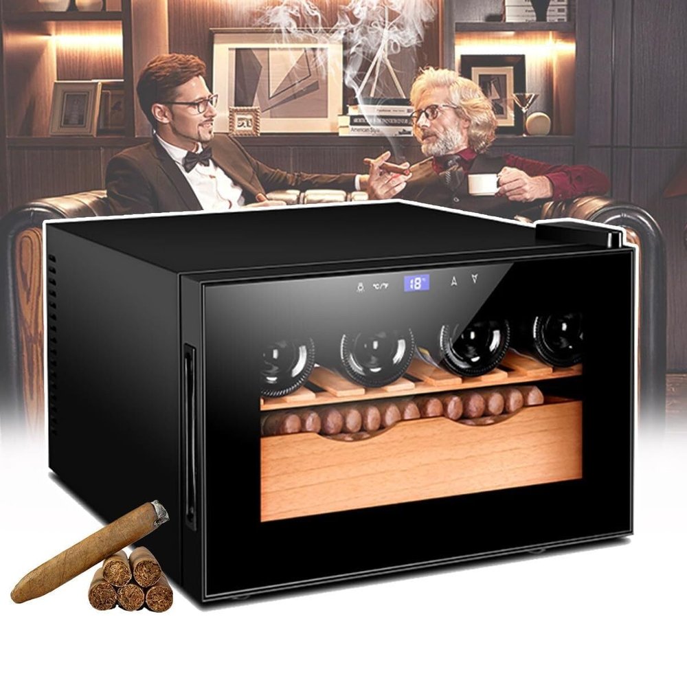 25L Electric Cigar Humidor Cabinet, Cedar Wood, Negative Ion Air Purification, 11-18 Temperature Adjustment, 2 Layers /150 Cigars(B)