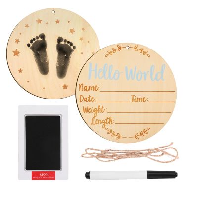 Baby Announcement Sign, 5.9 Inch Round Baby Nursery Name Signs with Ink Pad for Hand and Footprints Wooden Hello World Newborn Sign for Photo Prop(Blue)