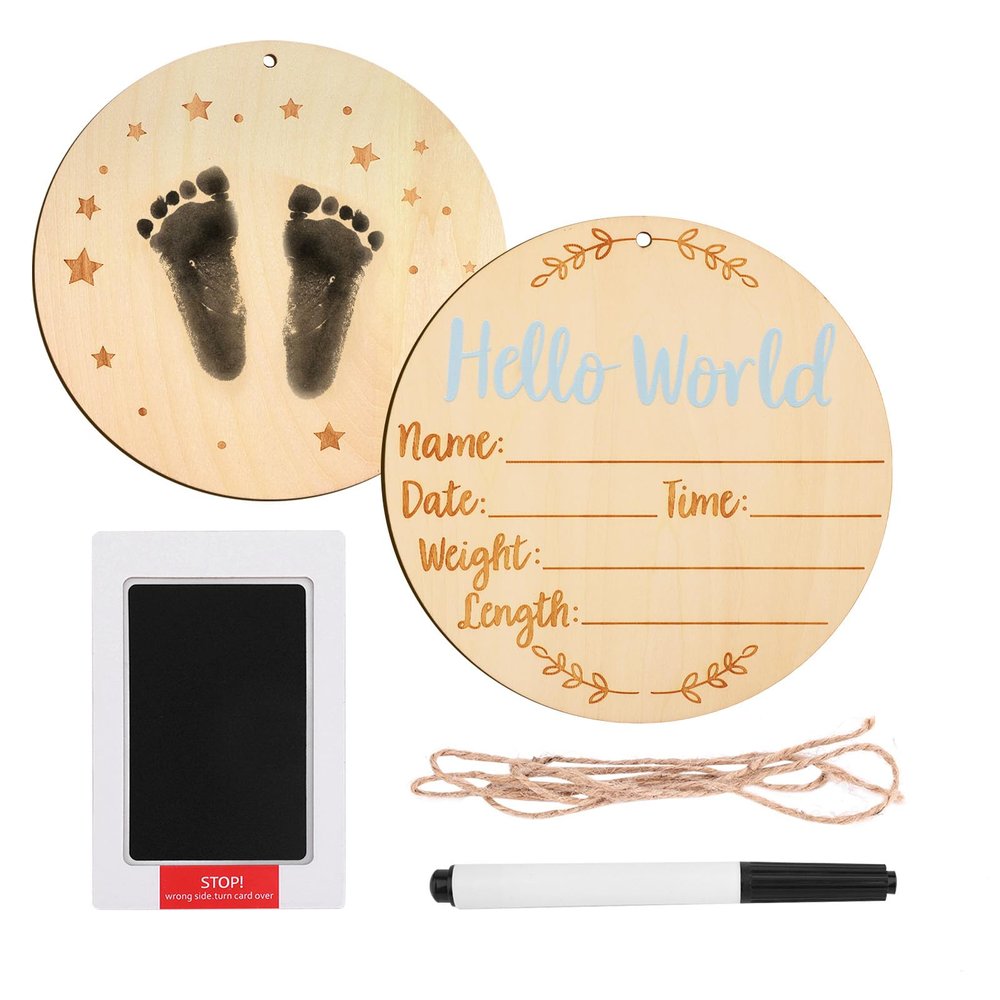 Baby Announcement Sign, 5.9 Inch Round Baby Nursery Name Signs with Ink Pad for Hand and Footprints Wooden Hello World Newborn Sign for Photo Prop(Blue)