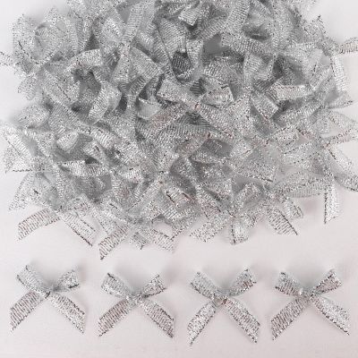 100Pcs 1Inch Mini Ribbon Bows for Crafts Gift Wrapping, Tiny Gift Premade Silver Bow Decor for Women Hair Clip Party Cake Nail, Ribbon Bow for Christmas Valentine New Year Thanksgiving Birthday
