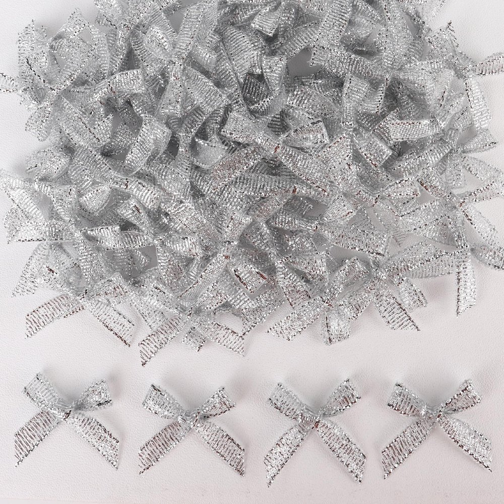 100Pcs 1Inch Mini Ribbon Bows for Crafts Gift Wrapping, Tiny Gift Premade Silver Bow Decor for Women Hair Clip Party Cake Nail, Ribbon Bow for Christmas Valentine New Year Thanksgiving Birthday