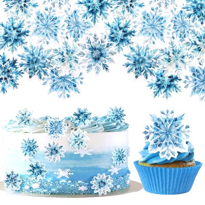 60 PCS Blue Edible Snowflake Cupcake Toppers Wafer Paper Snowflake Cupcake Picks Edible Frozen Birthday Decorations for Christmas Winter Holiday Frozen Theme Baby Shower Birthday Party Supplies