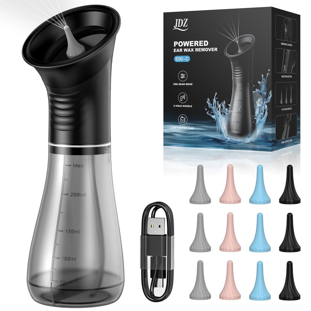 Upgraded Ear Wax Removal, Electric Ear Irrigation Cleaner with One-Piece Waste Tank, Safe & Effective Earwax Cleaning Kit for Adults & Kids, 3 Adjustable Pressure, 12 Replaceable Nozzles