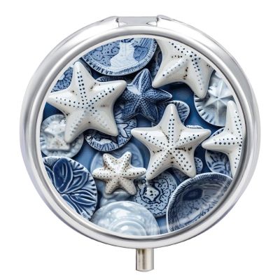 Pill Case Small Pill Box with Mirror 3 Compartment Round Pill Organizer for Purse Or Pocket Metal Medicine Holder, Pill Container Travel Gifts - Sea Theme Starfish Painting