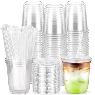 100PCS 12 oz Disposable Plastic Cups with Flat Lids and Clear Straws, Round Bottom To Go Iced Coffee Cups, Small Sturdy Drink Cups for Soda, Smoothies, Cold Beverage, Juice Bars, Takeout, Office