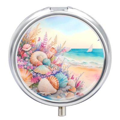 Travel Pill Organizer Box 3 Compartment, Small Medicine Case, Pocket Daily Pharmacy Container, Metal Medication Holder Dispenser for Fish Oil Vitamin Supplement Storage - Beach Seashell & Butterfly