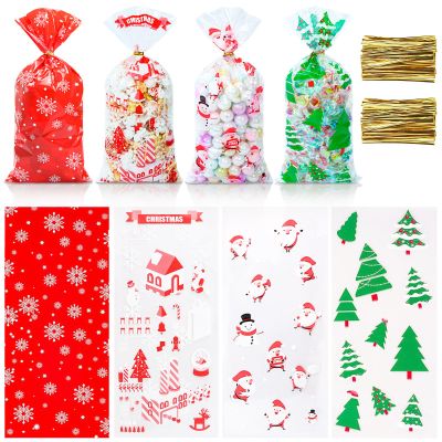 120 PCS Christmas Cellophane Treat Bags, Cookies Candy Goody Bags with Twist Ties for Gifts, Party Supplies