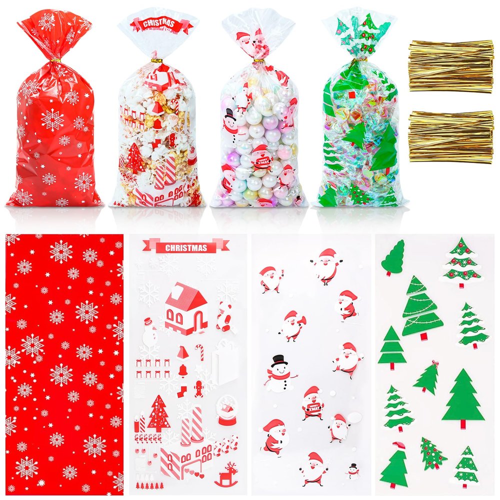 120 PCS Christmas Cellophane Treat Bags, Cookies Candy Goody Bags with Twist Ties for Gifts, Party Supplies