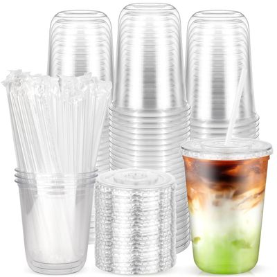 100PCS 14 oz Plastic Cups with Flat Lids and Clear Straws, Disposable Iced Coffee Cups with Lid, Round Bottom To Go Drink Cups for Soda, Smoothies, Boba, Cold Beverage, Juice Bars, Takeout, Party
