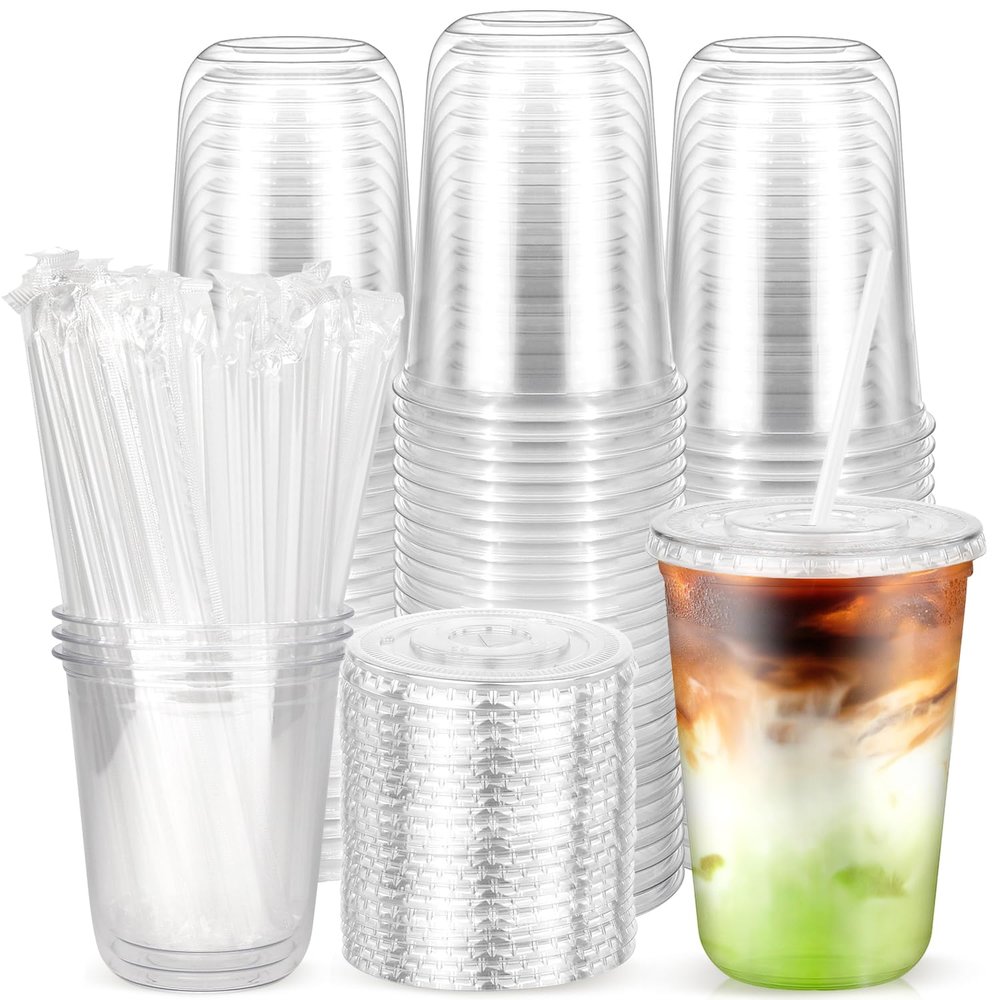 100PCS 14 oz Plastic Cups with Flat Lids and Clear Straws, Disposable Iced Coffee Cups with Lid, Round Bottom To Go Drink Cups for Soda, Smoothies, Boba, Cold Beverage, Juice Bars, Takeout, Party
