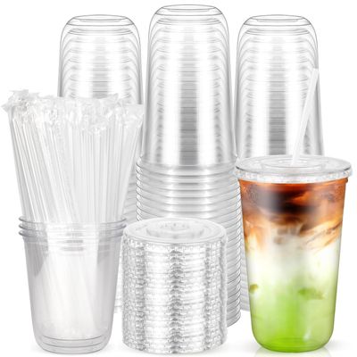 100PCS 18 oz Disposable Plastic Cups with Flat Lids and Clear Straws, Round Bottom To Go Iced Coffee Cups, BPA Free Holiday Cups for Smoothies, Cold Drinks, Coffee Shop, Juice Bars, Christmas Party