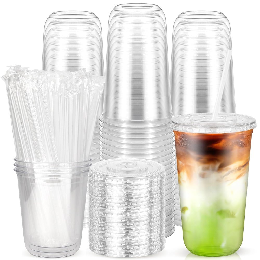 100PCS 18 oz Disposable Plastic Cups with Flat Lids and Clear Straws, Round Bottom To Go Iced Coffee Cups, BPA Free Holiday Cups for Smoothies, Cold Drinks, Coffee Shop, Juice Bars, Christmas Party
