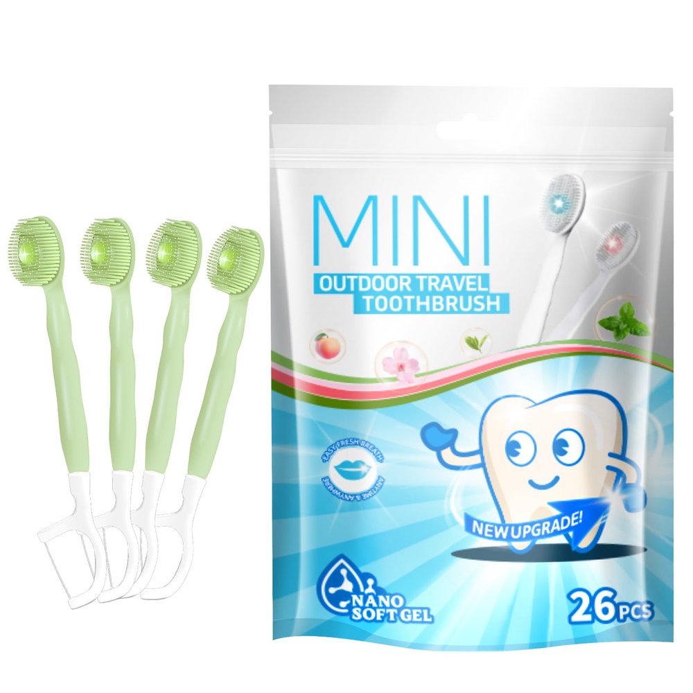 Malisseladi 5 in 1 Mini Disposable Toothbrushes with Toothpaste + Floss + Pick + Tongue Scraper | Travel Size | Individually Wrapped | Soft Set for Work or Travel (Iced Apple Flavor, 26 pcs)