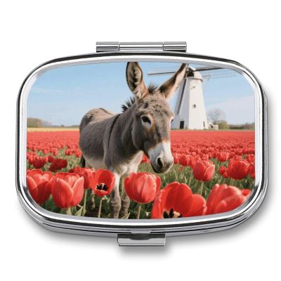 Donkey and Flowers Pill Box 2 Compartment Medicine Pill Case Portable Pill Organizer for Pocket Or Purse Decorative Metal Medicine Vitamin Organizer