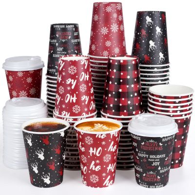200 Set Christmas Disposable Coffee Cups with Lids 12oz, Bulk Red and Black Xmas Holiday Hot Chocolate Party Paper Cups for Hot Cocoa Cold Drinks Christmas New Year Winter Party Supplies Decorations