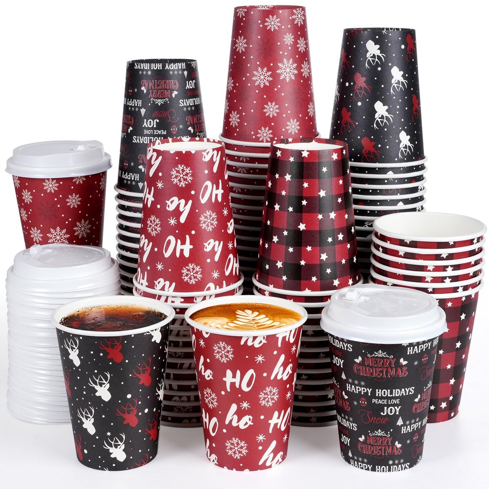 200 Set Christmas Disposable Coffee Cups with Lids 12oz, Bulk Red and Black Xmas Holiday Hot Chocolate Party Paper Cups for Hot Cocoa Cold Drinks Christmas New Year Winter Party Supplies Decorations