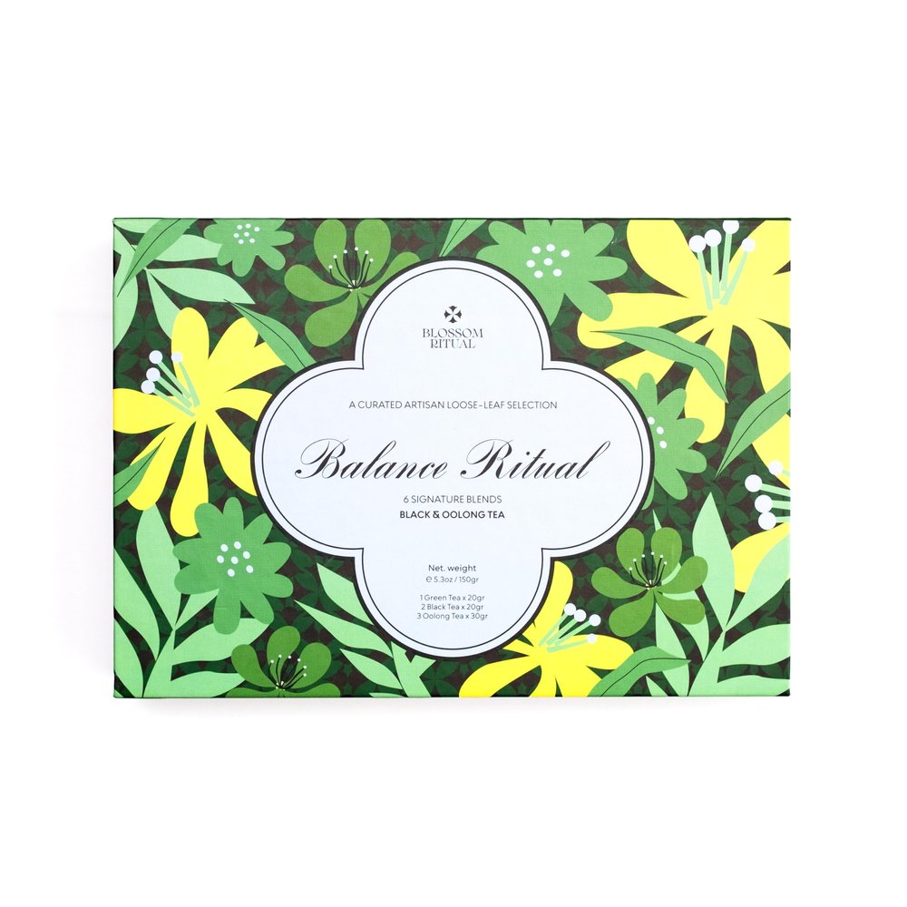 BLOSSOM RITUAL Balance Ritual Artisan LooseLeaf Tea Set 6 Tin Gift Box Oolong, Black & Green Tea Mindful Wellness Sampler Natural Infusion 5.3oz
