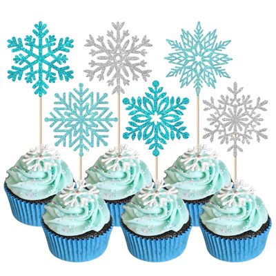 36 Pack Snowflake Cupcake Toppers Glitter Winter Snowflake Cupcake Picks Winter Frozen Cake Decorations Christmas Baby Shower Kids Birthday Party Supplies Light Blue Silver