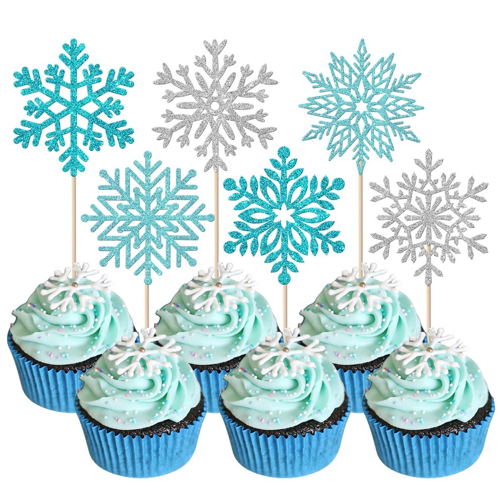 36 Pack Snowflake Cupcake Toppers Glitter Winter Snowflake Cupcake Picks Winter Frozen Cake Decorations Christmas Baby Shower Kids Birthday Party Supplies Light Blue Silver