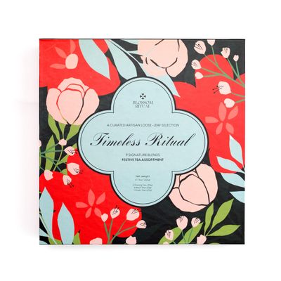 BLOSSOM RITUAL Timeless Ritual Luxury LooseLeaf Tea Gift Box 9 Tin Cans Premium Black, Oolong & Green Tea Assortment Elegant, Festive & Artisanal