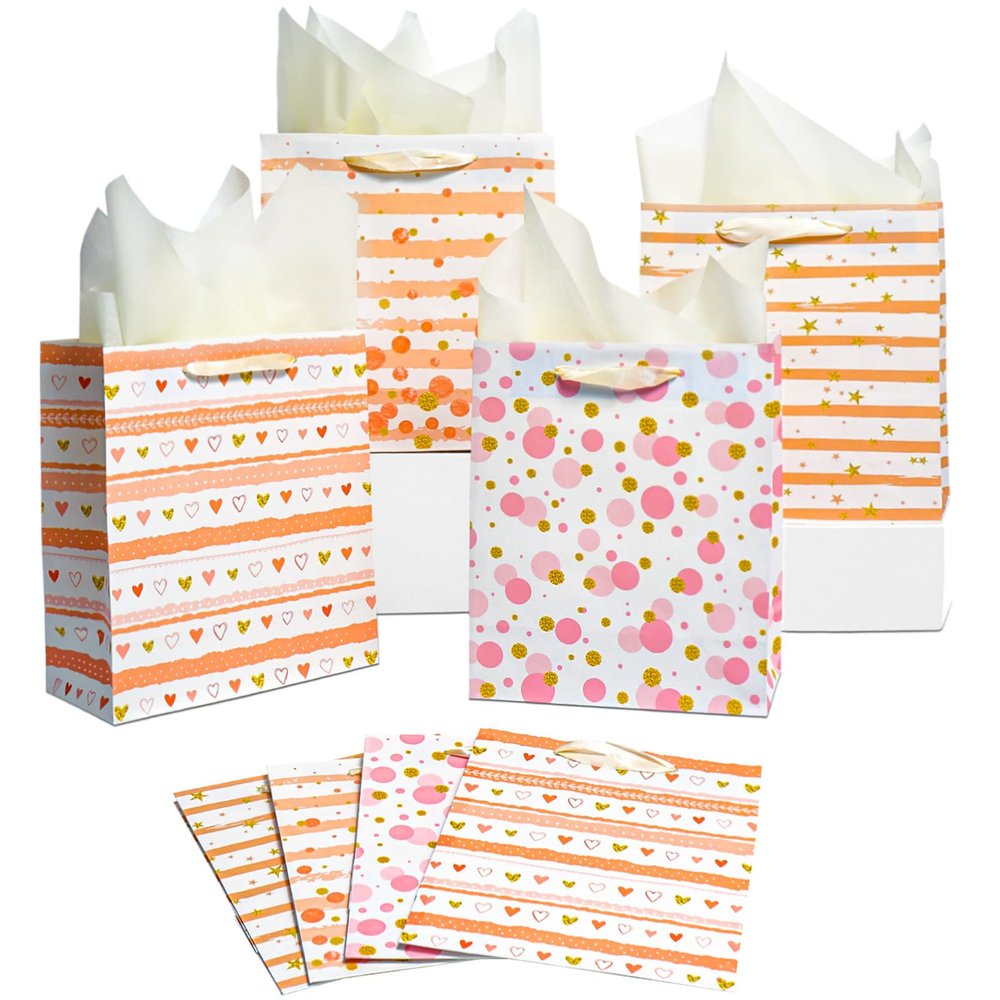Ehpiern 8 Pcs Beautiful Gift Bags, 9" Paper Gift Bag with Tissue Paper, Reusable Gift Bags Suitable for Presents of Any Birthday, Baby Shower, Weddings, Christmas, Mothers Day & Other Occasion (8PCS Pink)