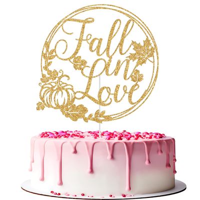 Fall in Love Cake Topper, Fall Themed Wedding Cake Decorations, Autumn Thanksgiving Bridal Shower Wedding Anniversary Party Decorations, Gold Glitter