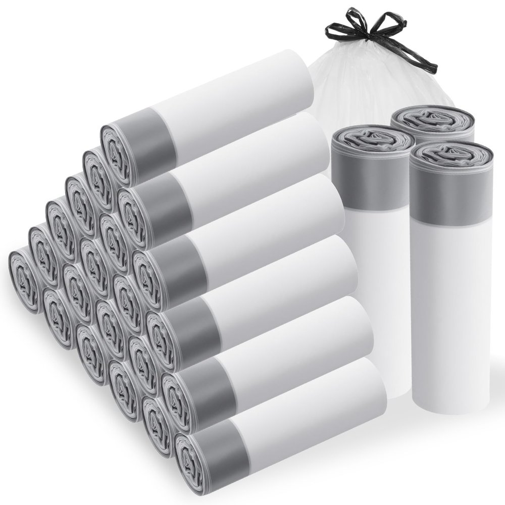 Afcabakila 4 Gallon Drawstring Trash Bags, Small Garbage Can Liners, 360 Count Value Pack, White with Gray Drawstring, for Bathroom Bedroom Office