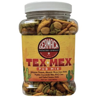 Germack - Tex Mex Pub Mix Snack Medley - Jalapeno Peanuts, Almonds, Cheese Corn Sticks, Pepitas, Guacamole Bites, BBQ Corn Nuts and Salted Sesame Sticks (20oz Jar)