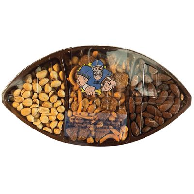 Germack - 3-Part Football Party Snack Tray - Roasted and Salted Peanuts - Honey BBQ Crunch Snack Mix - Roasted and Salted Almonds (19oz Football Shaped Tray)