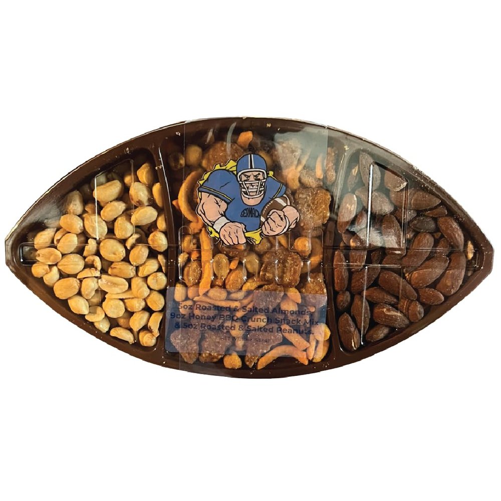 Germack - 3-Part Football Party Snack Tray - Roasted and Salted Peanuts - Honey BBQ Crunch Snack Mix - Roasted and Salted Almonds (19oz Football Shaped Tray)
