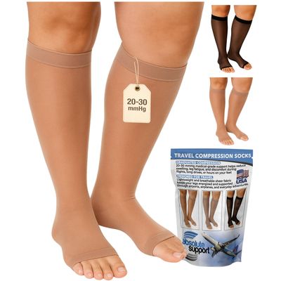 ABSOLUTE SUPPORT Made in USA Travel Compression Socks for Women 20-30 mmHg Graduated Knee High Open Toe, Beige, Small