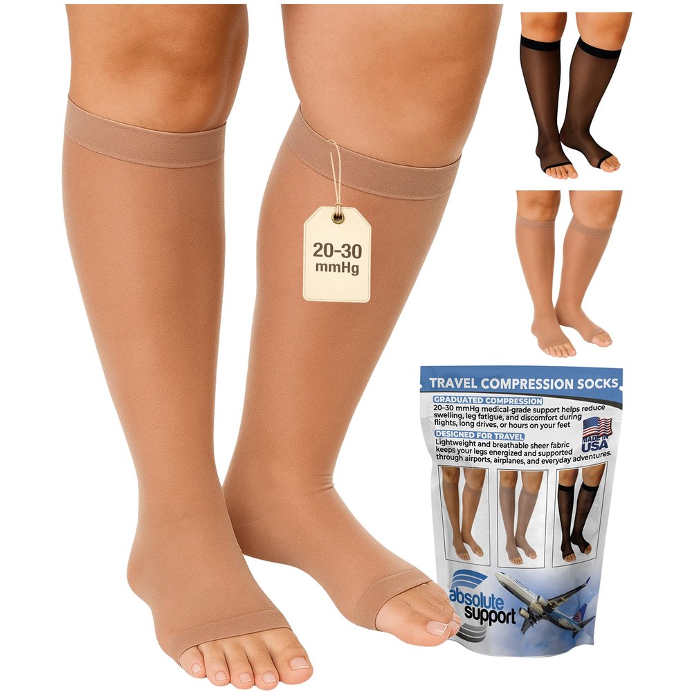 ABSOLUTE SUPPORT Made in USA Travel Compression Socks for Women 20-30 mmHg Graduated Knee High Open Toe, Beige, Small