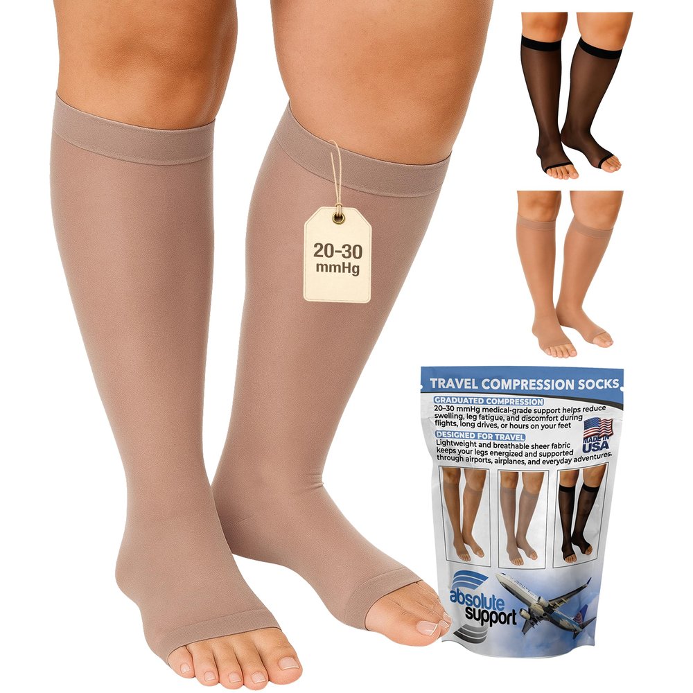 ABSOLUTE SUPPORT Made in USA Travel Compression Socks for Women 20-30 mmHg Graduated Knee High Open Toe, Nude, Small