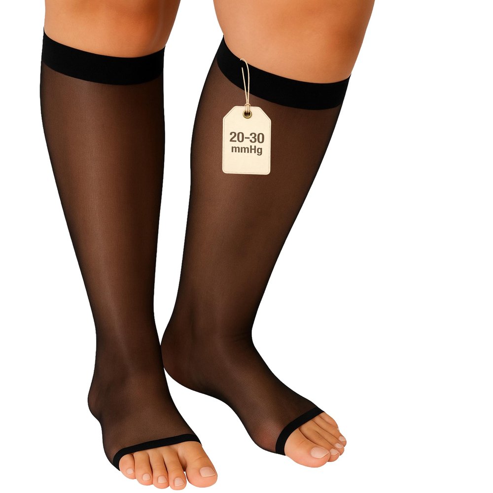ABSOLUTE SUPPORT Made in USA Travel Compression Socks for Women 20-30 mmHg Graduated Knee High Open Toe, Black, Medium