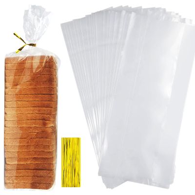 100 Pack Clear Polypropylene Bread Bags For Bakery, Handmade Loaves, Buns & Pastries Food Safe, Extra,Transparent With 100 Gold Twist Ties(Size:47in10.217.8cm)