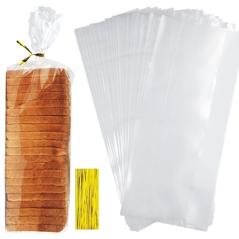 100 Pack Clear Polypropylene Bread Bags For Bakery, Handmade Loaves, Buns & Pastries Food Safe, Extra,Transparent With 100 Gold Twist Ties(Size:47in10.217.8cm)