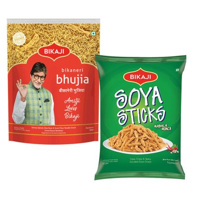 Bikaji Bhujia 1000g and Soya Sticks 200g Combo of 1200g (42.33Oz) Authentic Indian Snacks Family Pack | Crunchy Namkeen, Party Mix, Bar Snacks & Tea-Time Treats