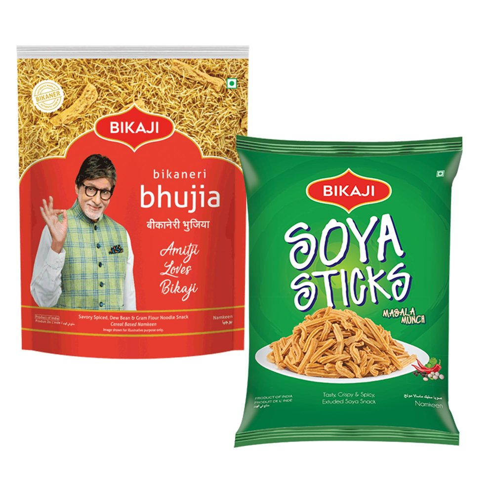 Bikaji Bhujia 1000g and Soya Sticks 200g Combo of 1200g (42.33Oz) Authentic Indian Snacks Family Pack | Crunchy Namkeen, Party Mix, Bar Snacks & Tea-Time Treats