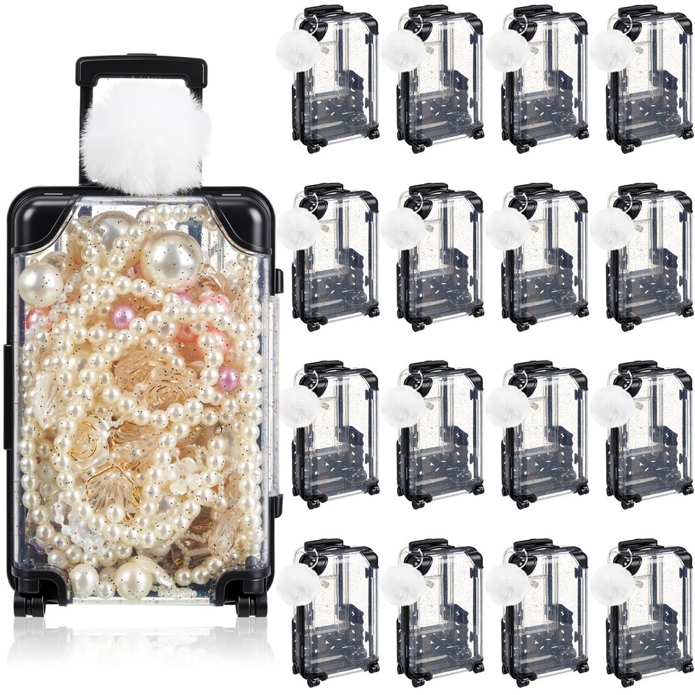 VioraWhite 32 Pcs Mini Suitcase Storage Box with Plush Ball Keychains Plastic Empty Candy Luggage Packaging Storage Containers Gift Boxes 7.48" x 3.15" Suitcase for Travel Party Favors (White)