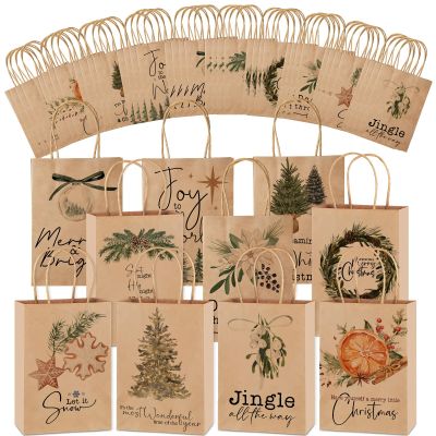 Tenceur 40 Pcs Christmas Gift Bags Bulk with Handles Reusable Kraft, Holiday Vintage Small Paper Christmas Bags for Gifts for Xmas Stuffer Candy Present Wrapping, 8.27 x 5.91 x 3.15 Inches (Brown)