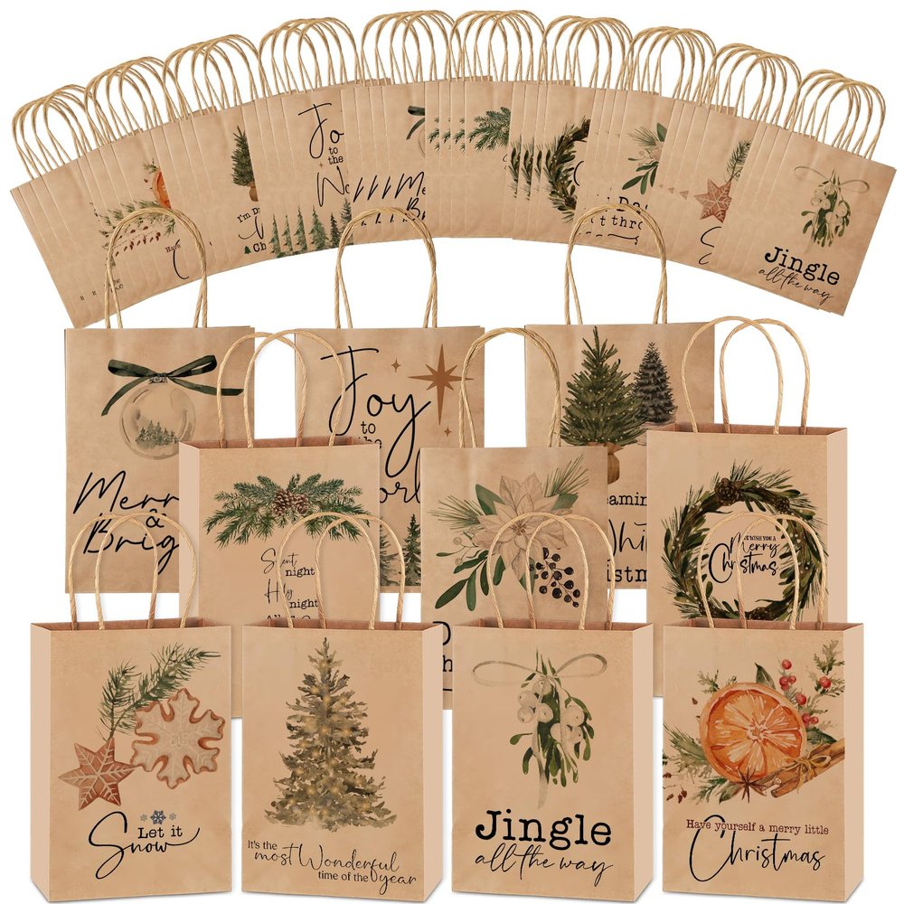 Tenceur 40 Pcs Christmas Gift Bags Bulk with Handles Reusable Kraft, Holiday Vintage Small Paper Christmas Bags for Gifts for Xmas Stuffer Candy Present Wrapping, 8.27 x 5.91 x 3.15 Inches (Brown)