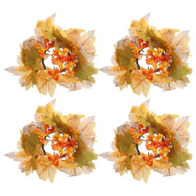 ABOOFAN 4pcs Floral Candle Rings: Maple Leaf Wreaths for Dining Table Centerpiece - Artificial Fall Candle Rings for Thanksgiving & Autumn Decorations
