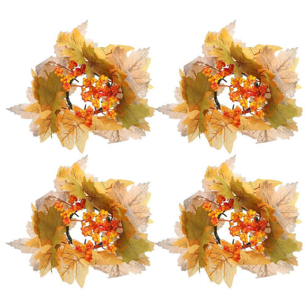 ABOOFAN 4pcs Floral Candle Rings: Maple Leaf Wreaths for Dining Table Centerpiece - Artificial Fall Candle Rings for Thanksgiving & Autumn Decorations