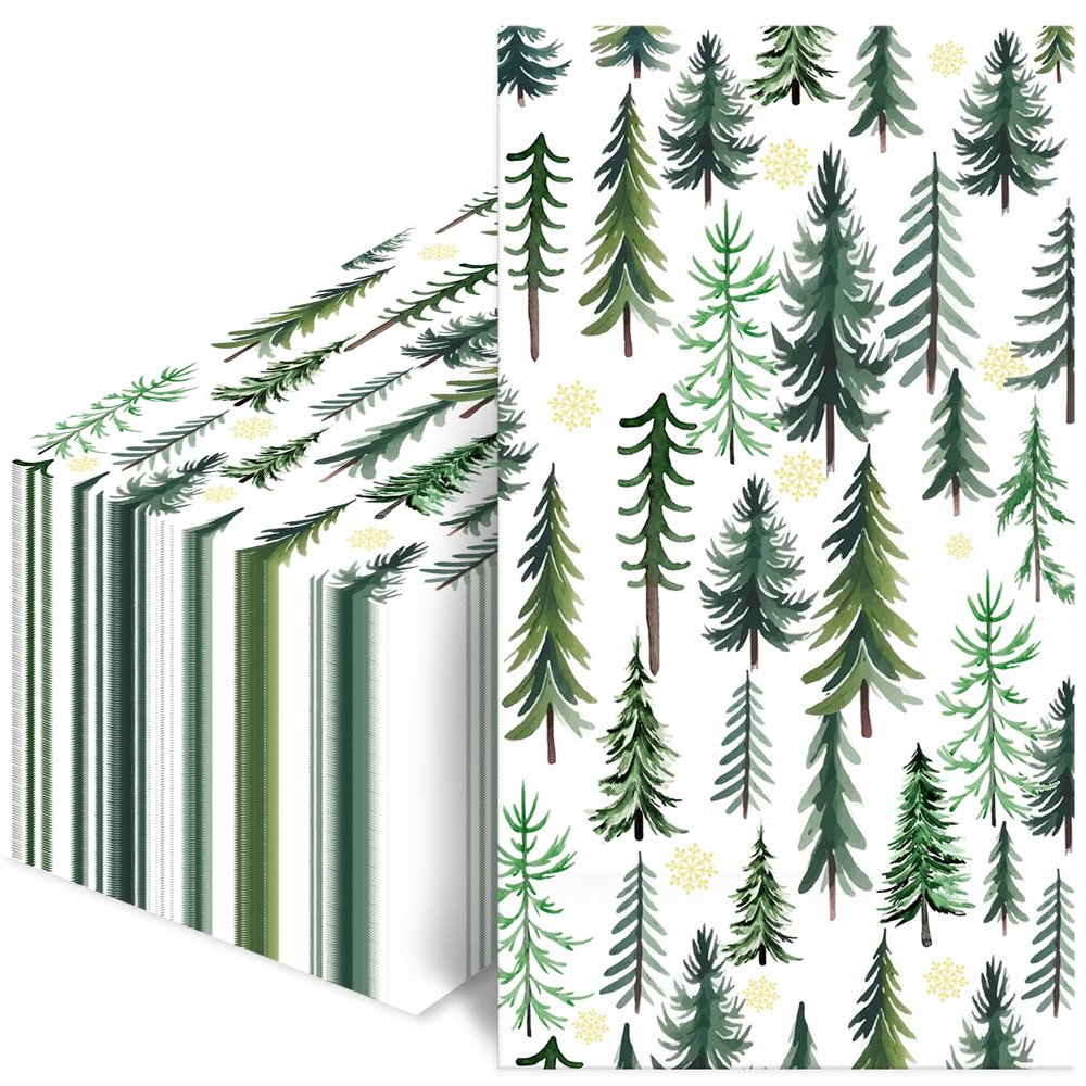 100 PCS 3-Ply Christmas Tree Napkins Disposable, Green Holiday Dinner & Bathroom Paper Napkins for Xmas Winter Party Decor